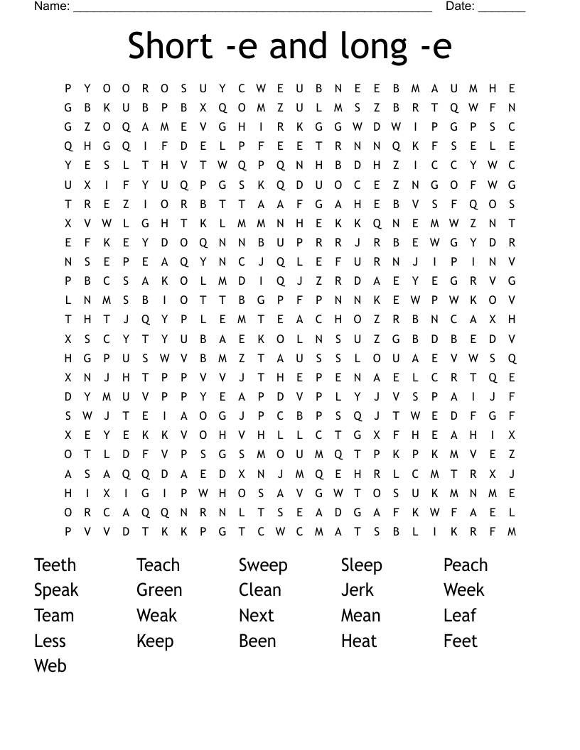  Short -e and long -e Word Search