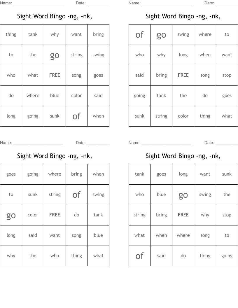  Sight Word Bingo -ng, -nk,
