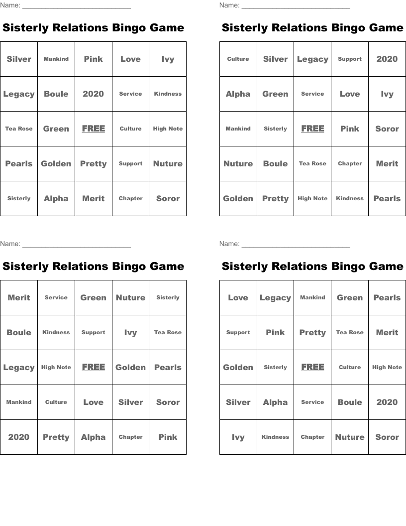  Sisterly Relations Bingo Game 