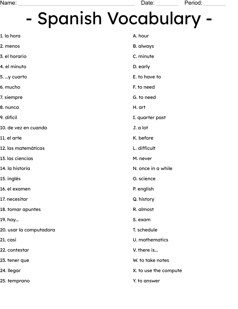 - Spanish Vocabulary - Worksheet
