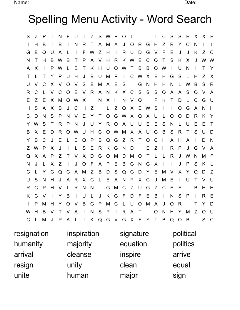  Spelling Menu Activity - Word Search 