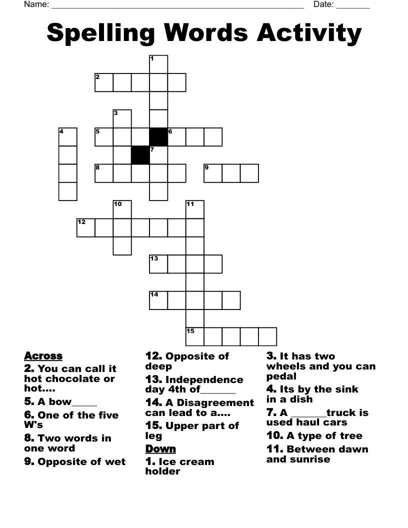  Spelling Words Activity Crossword
