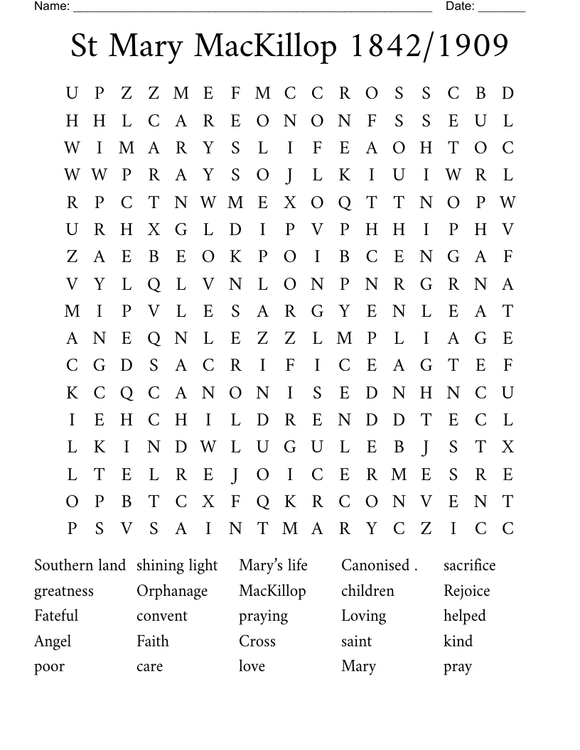  St Mary MacKillop 1842/1909  Word Search