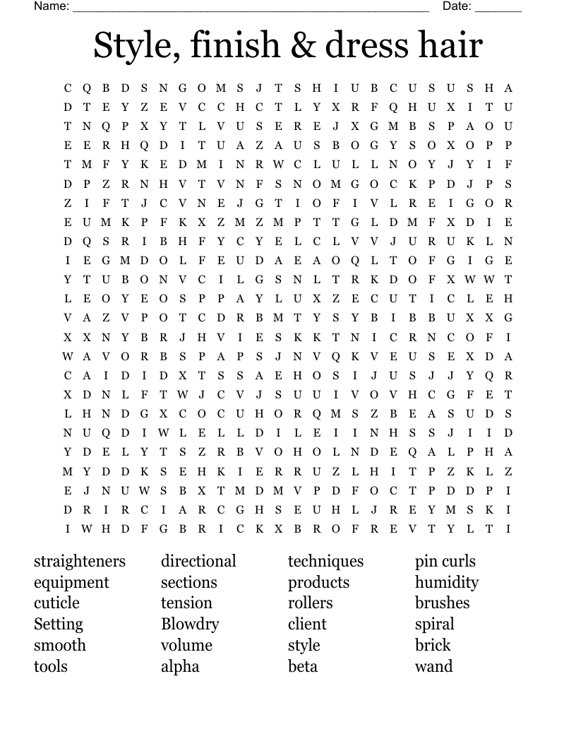  Style, finish & dress hair Word Search