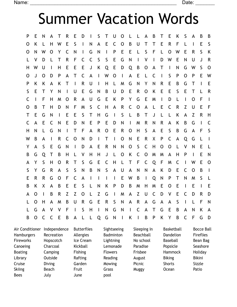  Summer Vacation Words Word Search