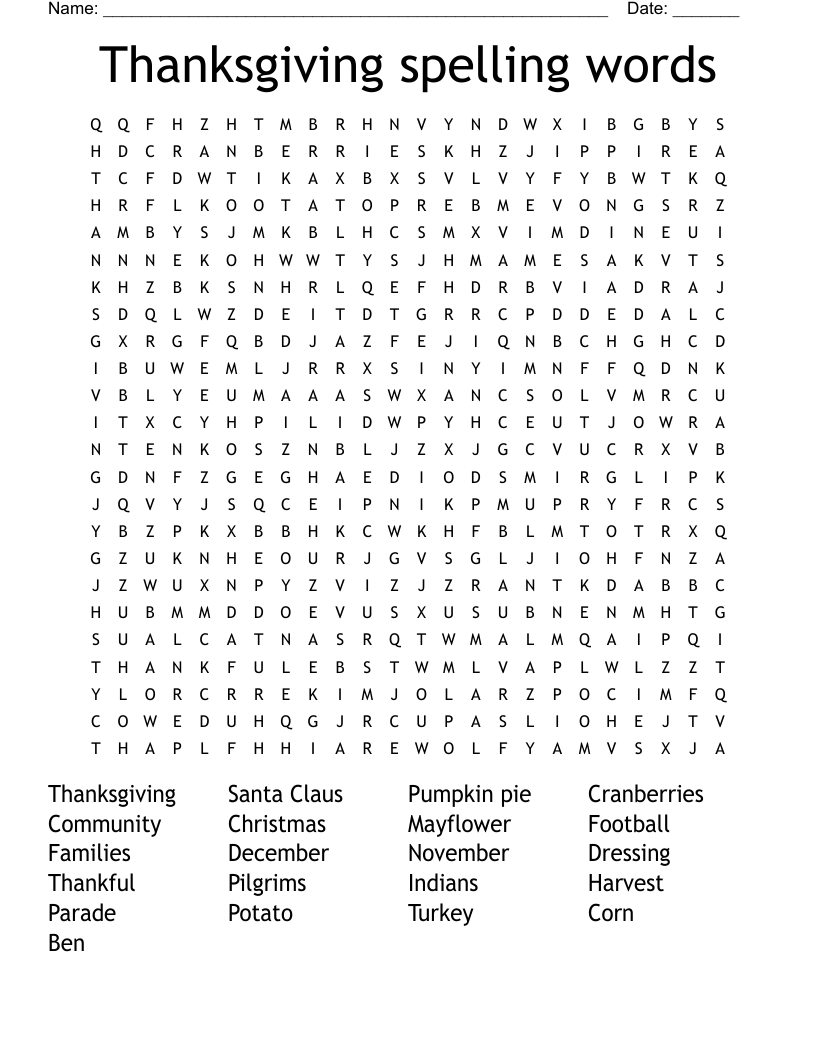  Thanksgiving spelling words  Word Search