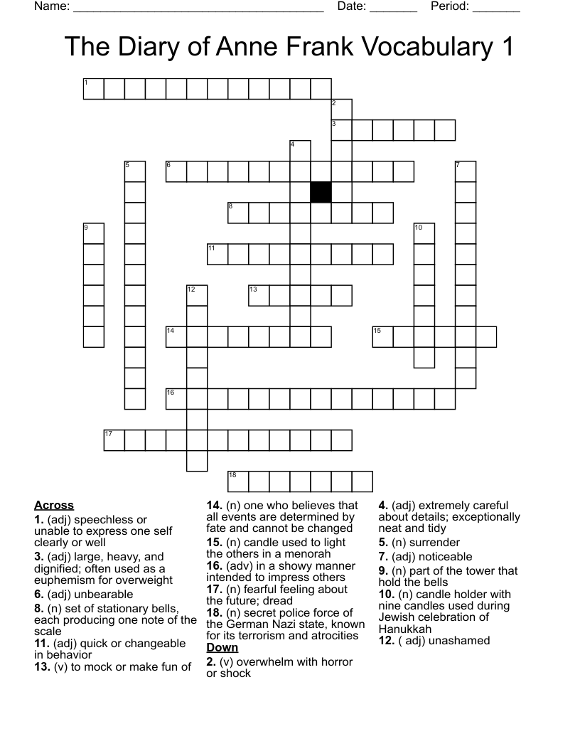  The Diary of Anne Frank Vocabulary 1 Crossword