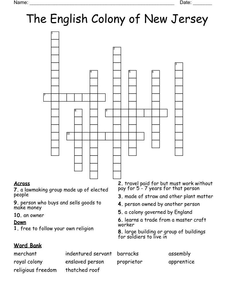  The English Colony of New Jersey Crossword