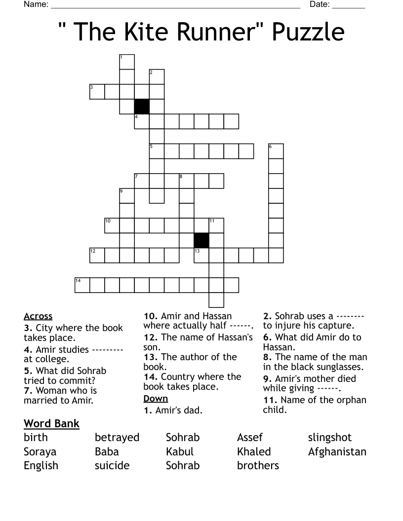" The Kite Runner" Puzzle Crossword