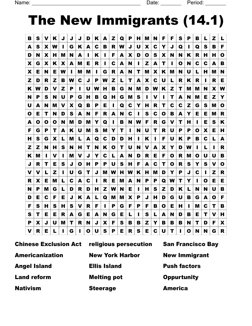  The New Immigrants (14.1) Word Search