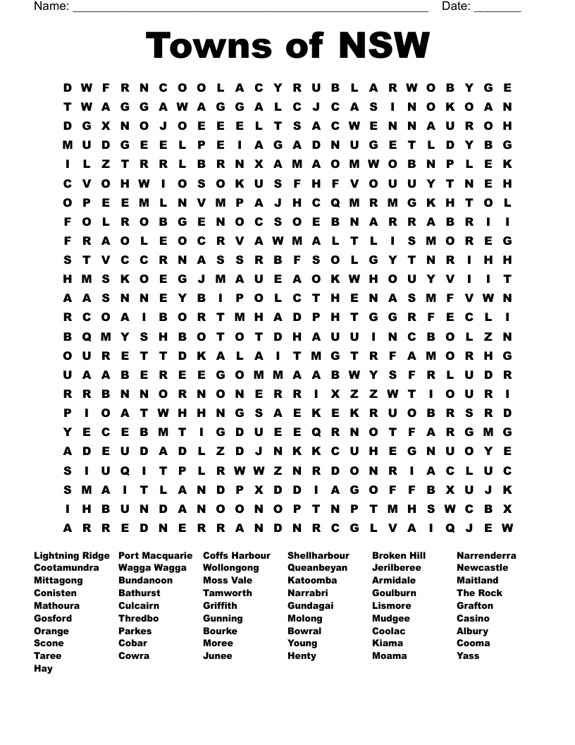  Towns of NSW Word Search