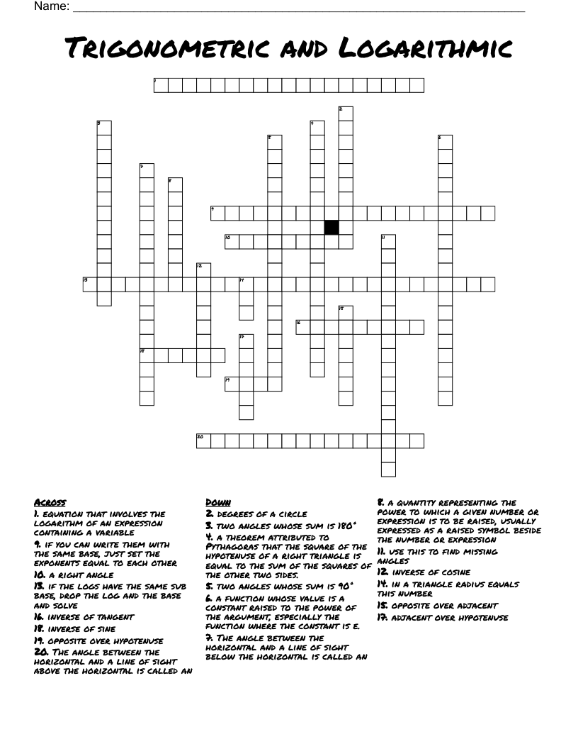  Trigonometric and Logarithmic Crossword