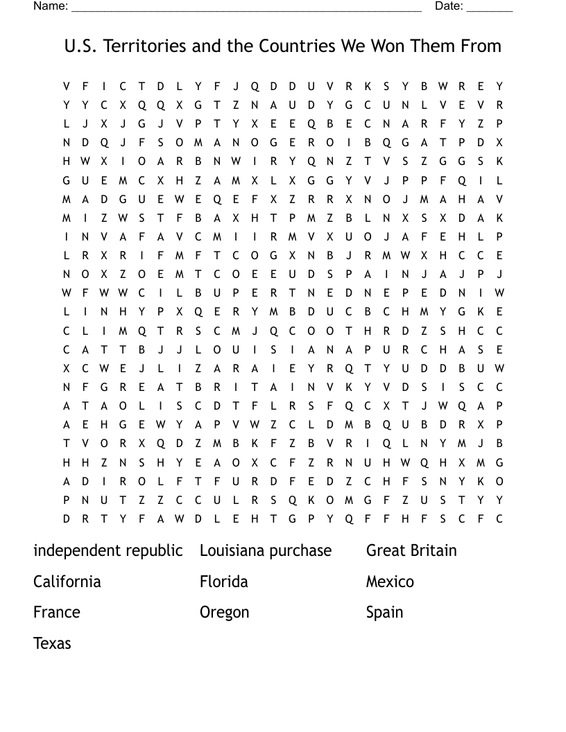  U.S. Territories and the Countries We Won Them From  Word Search