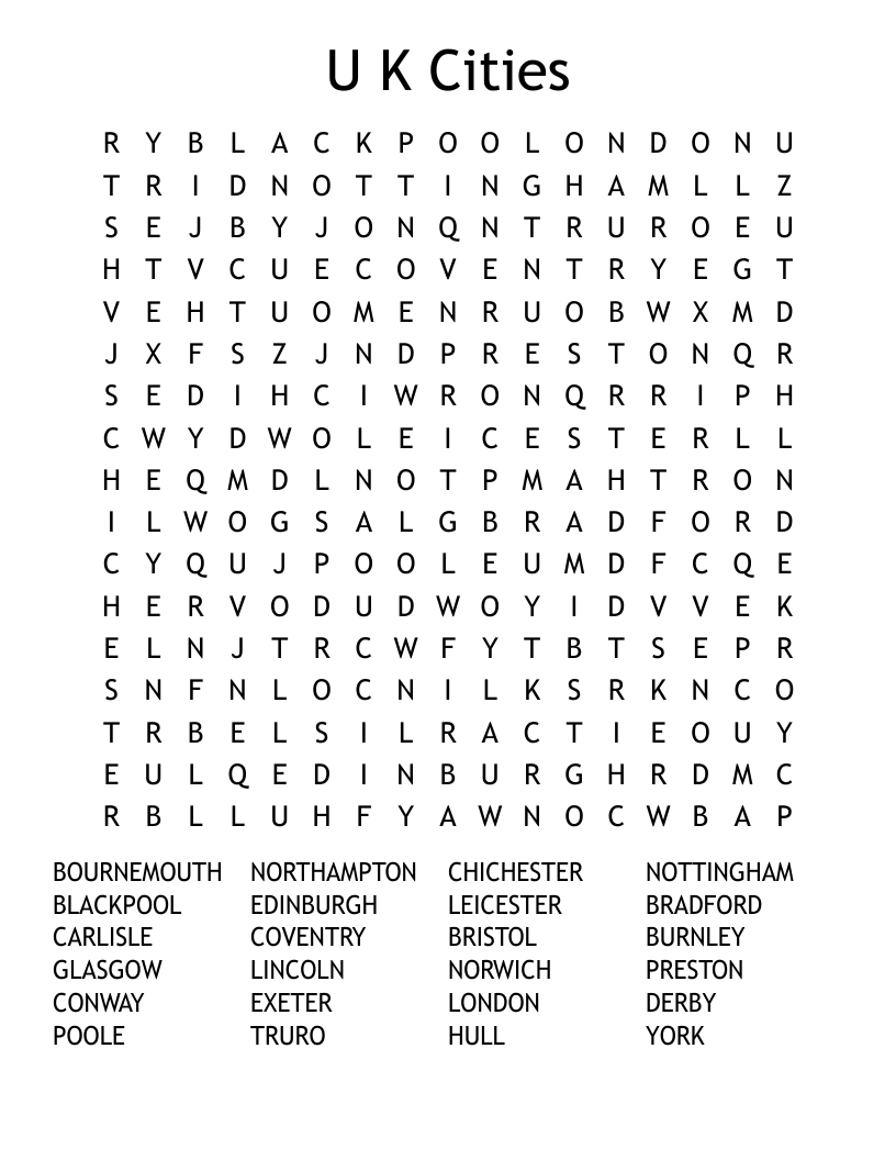  U K Cities Word Search