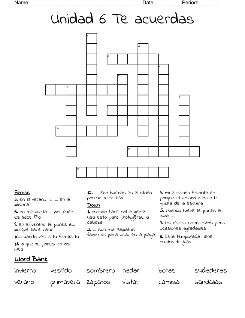  Unidad 6 Te acuerdas Crossword