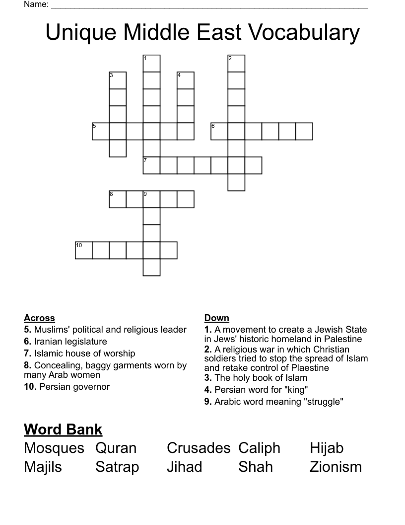  Unique Middle East Vocabulary Crossword