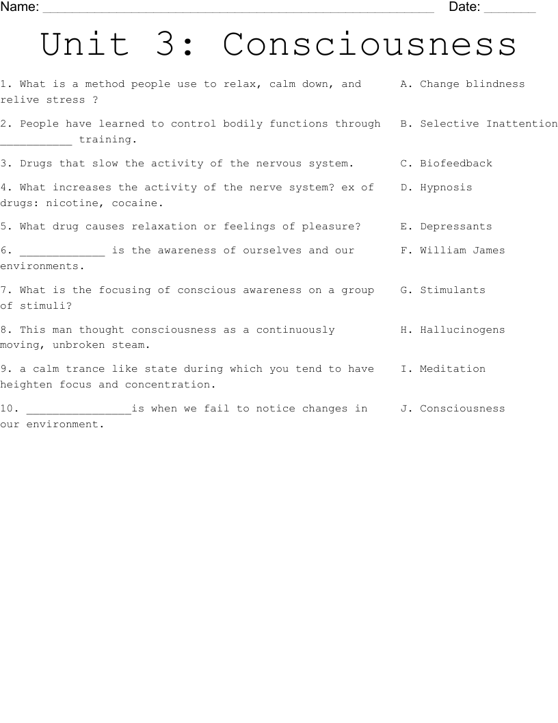  Unit 3: Consciousness Worksheet