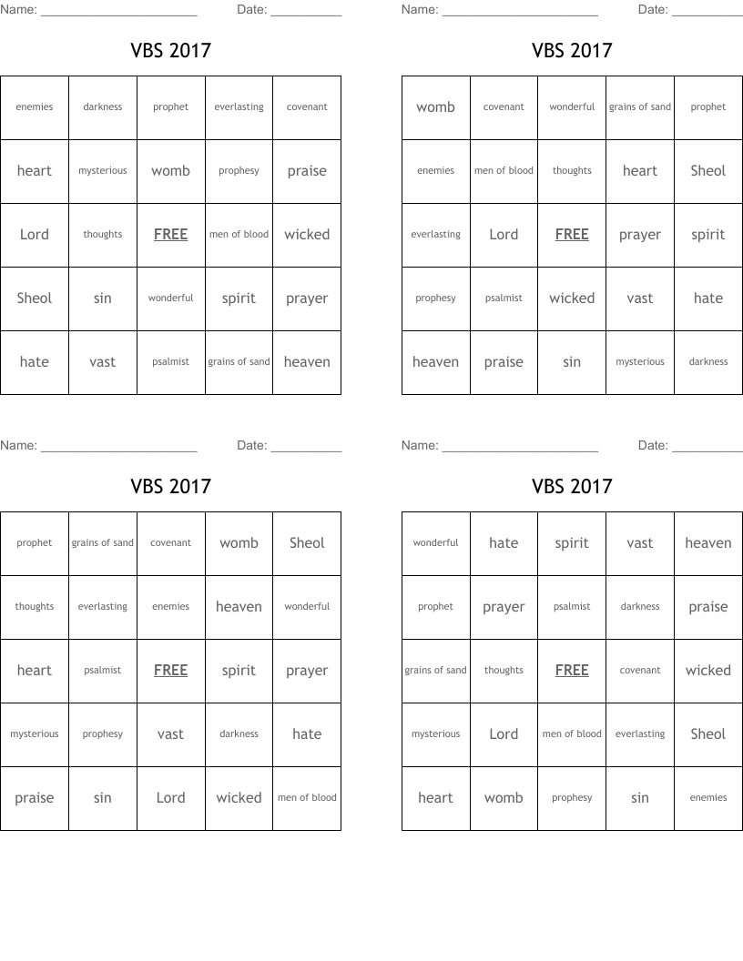  VBS 2017 Bingo Cards