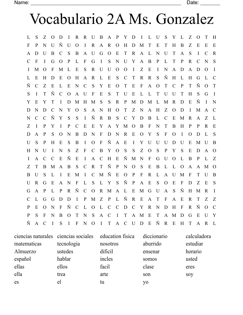  Vocabulario 2A Ms. Gonzalez Word Search