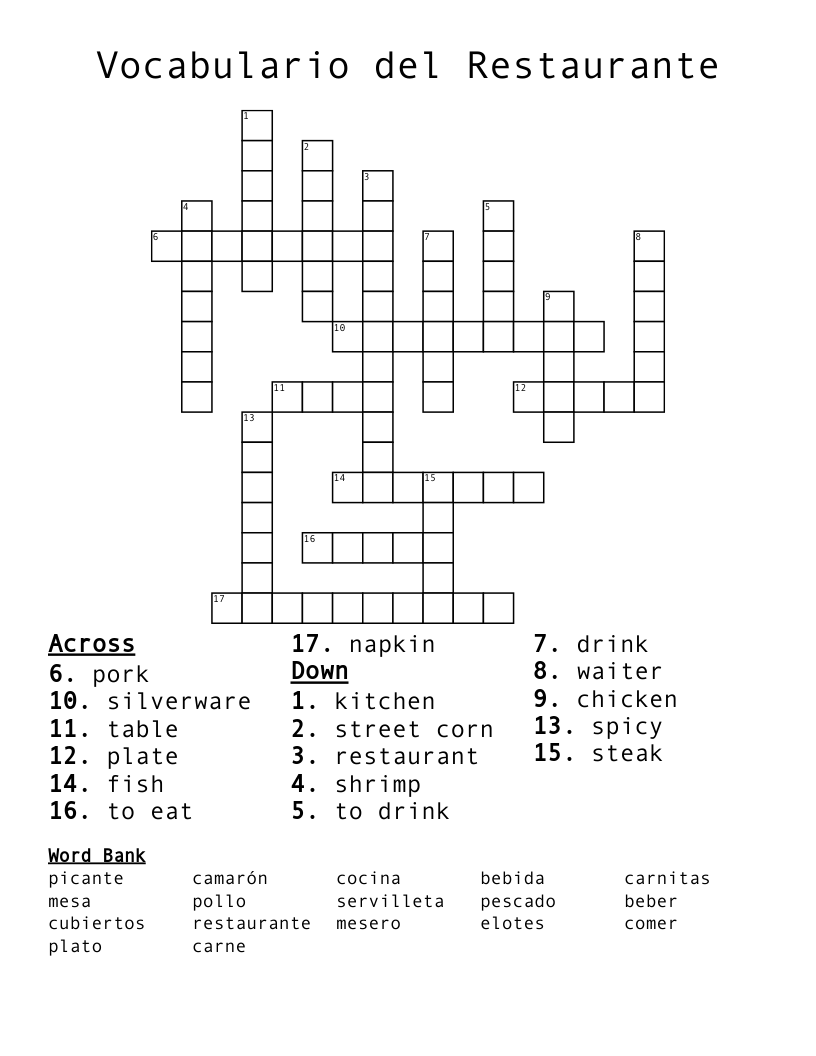  Vocabulario del Restaurante Crossword