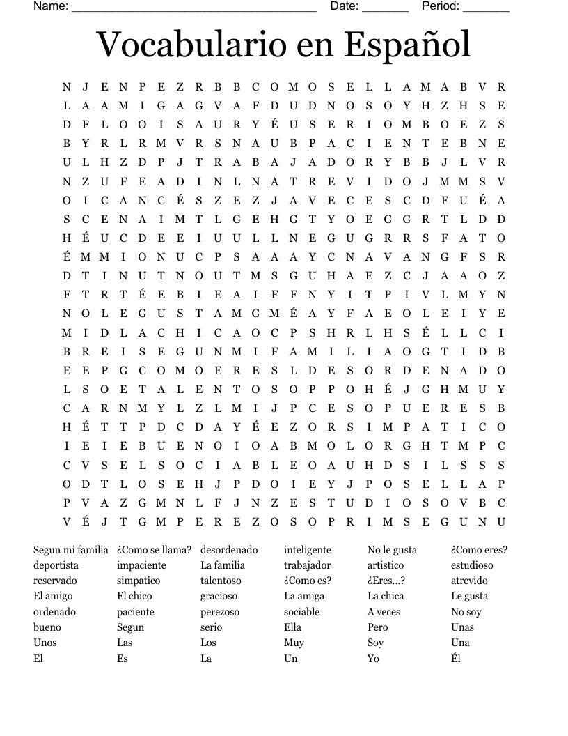  Vocabulario en Español Word Search