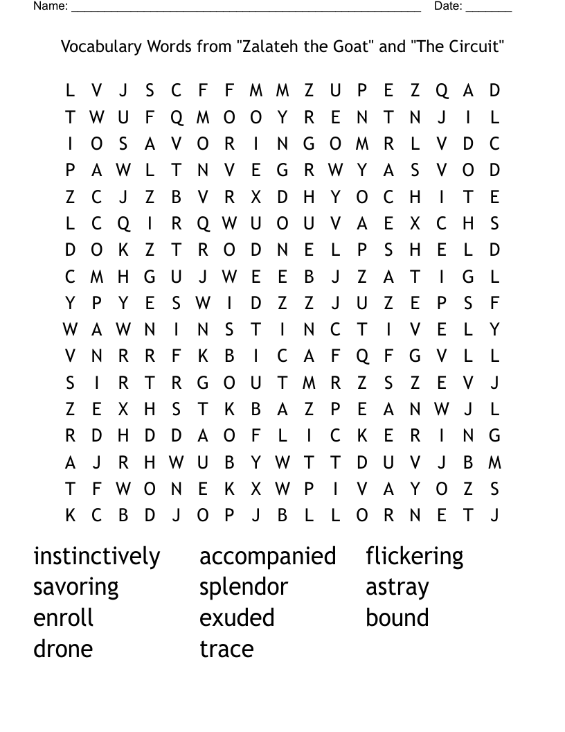  Vocabulary Words from "Zalateh the Goat" and "The Circuit" Word Search