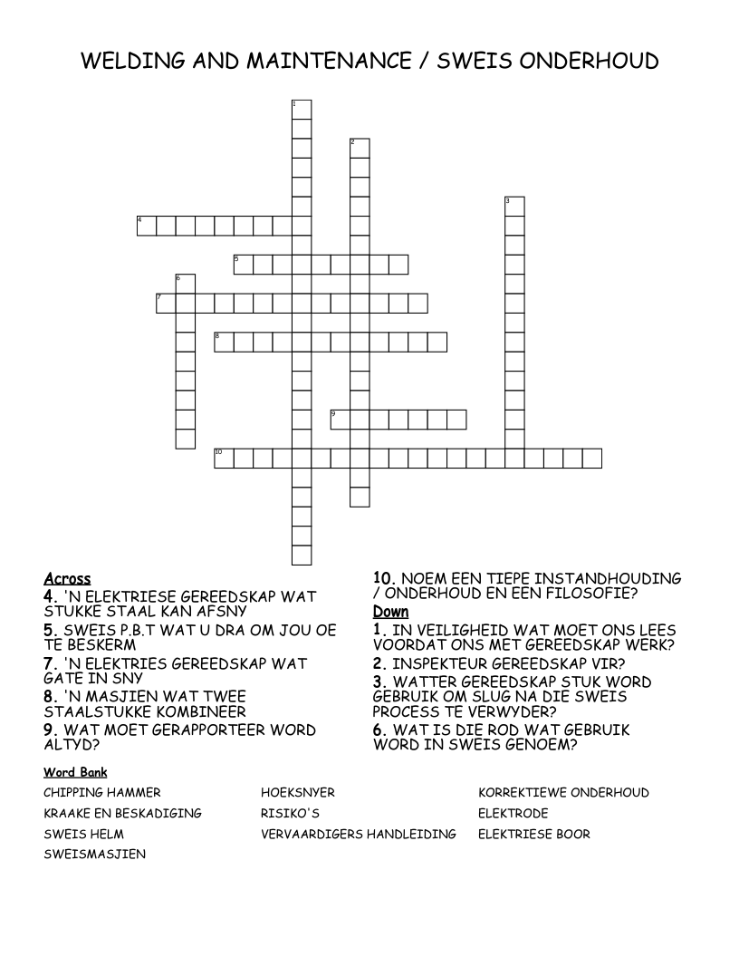  WELDING AND MAINTENANCE / SWEIS ONDERHOUD Crossword