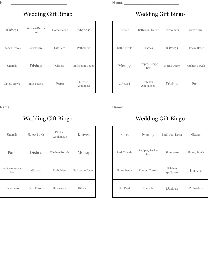  Wedding Gift Bingo