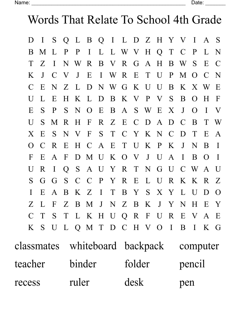  Words That Relate To School 4th Grade Word Search