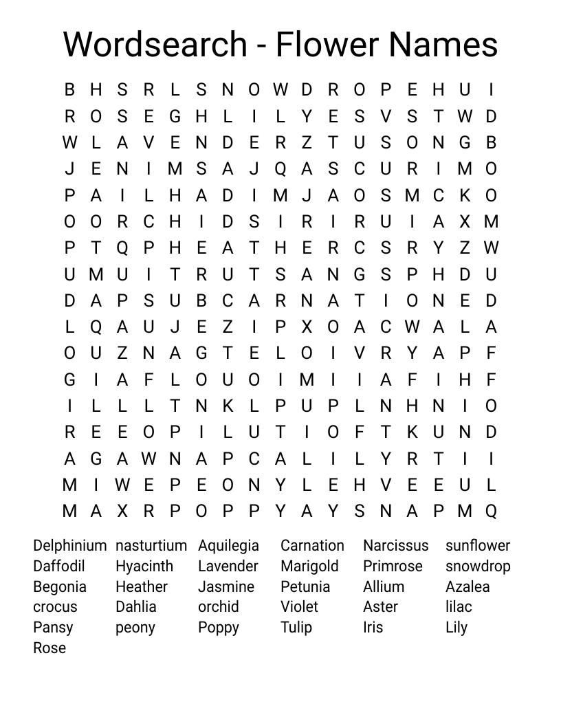  Wordsearch - Flower Names
