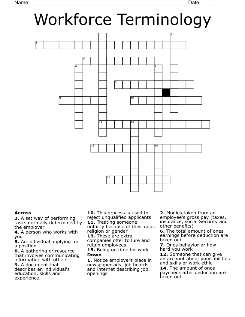  Workforce Terminology Crossword