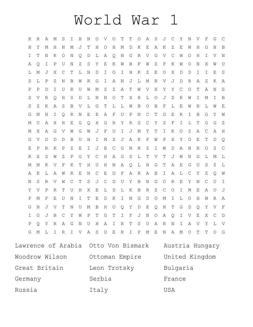  World War 1 Word Search