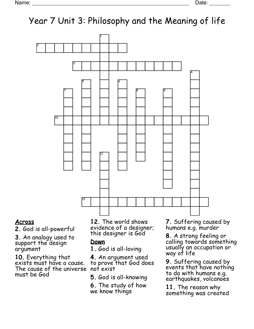  Year 7 Unit 3: Philosophy and the Meaning of life  Crossword