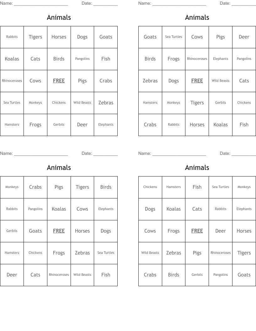   Animals Bingo Cards