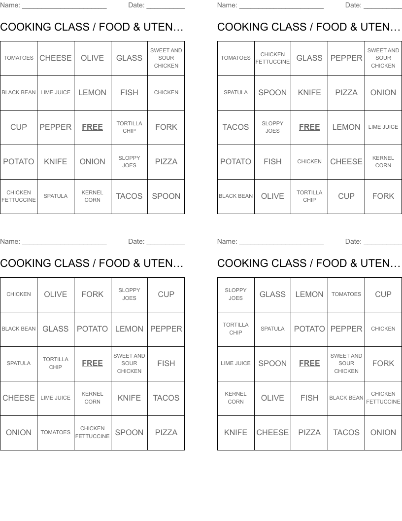   COOKING CLASS / FOOD & UTENSILS Bingo Cards