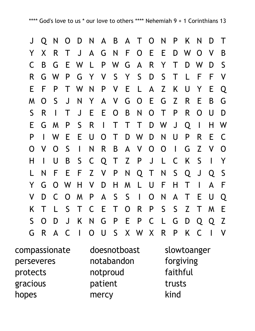 ****  God's love to us * our love to others   **** Nehemiah 9 + 1 Corinthians 13 Word Search