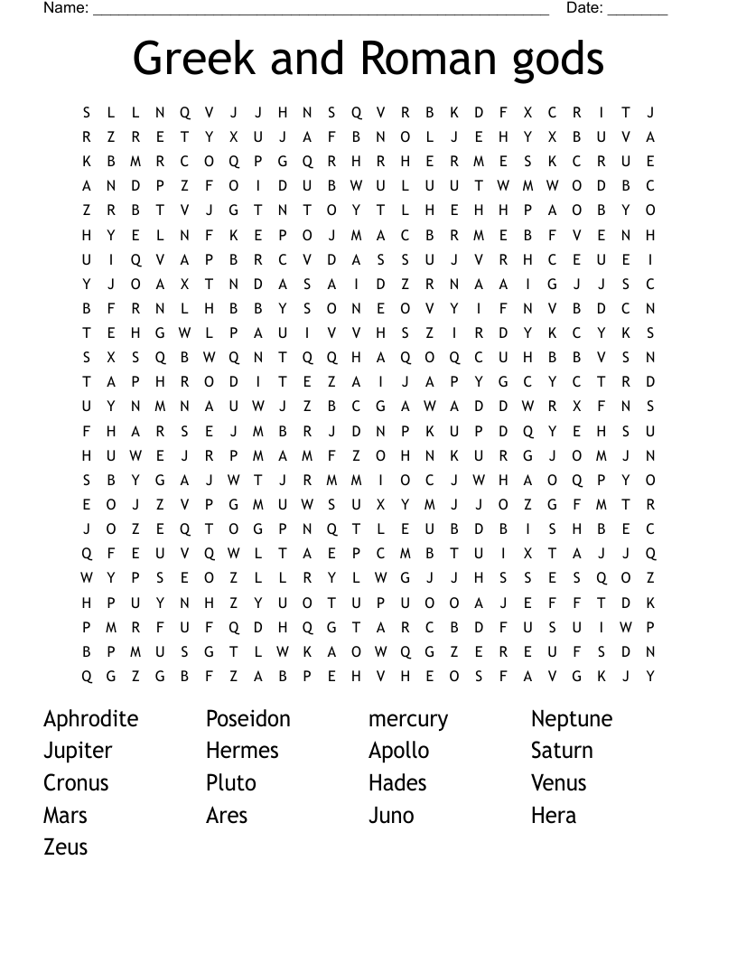   Greek and Roman gods Word Search