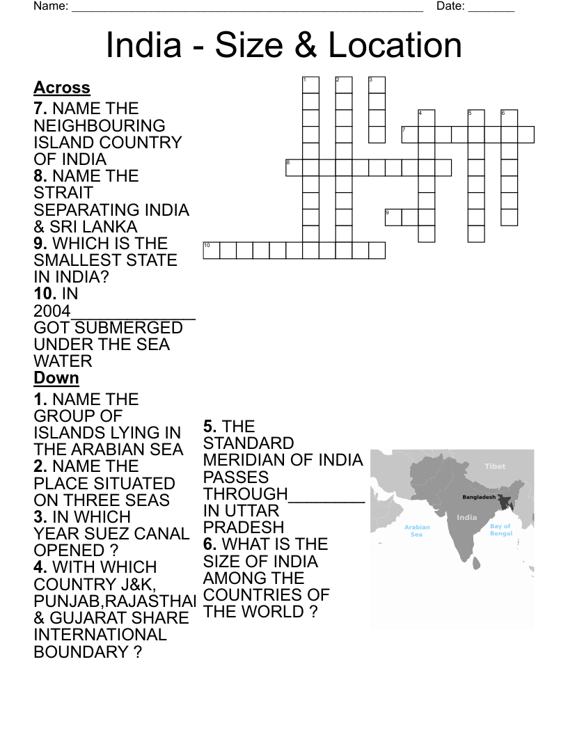   India - Size & Location Crossword