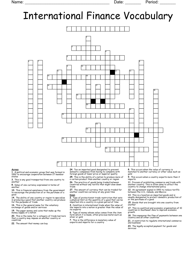   International Finance Vocabulary Crossword