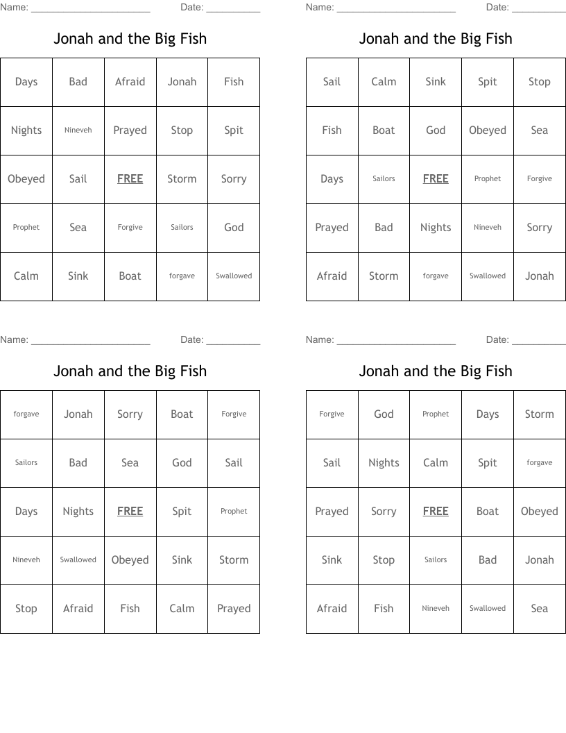   Jonah and the Big Fish      Bingo Cards