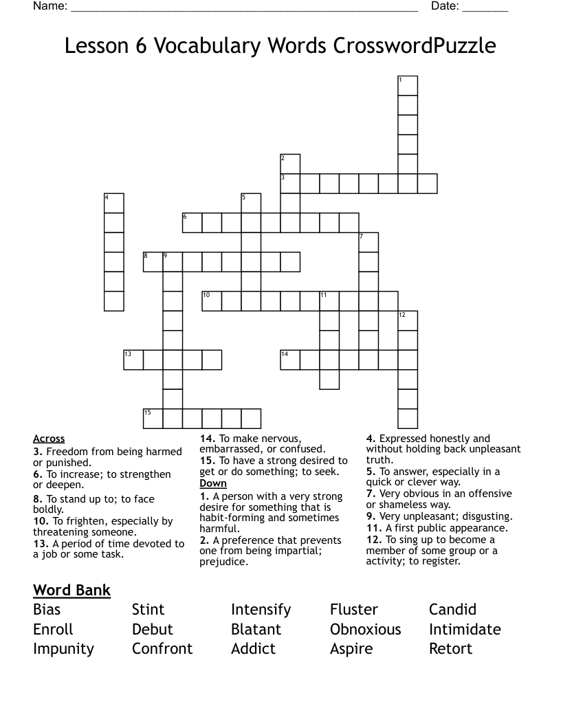   Lesson 6 Vocabulary Words CrosswordPuzzle