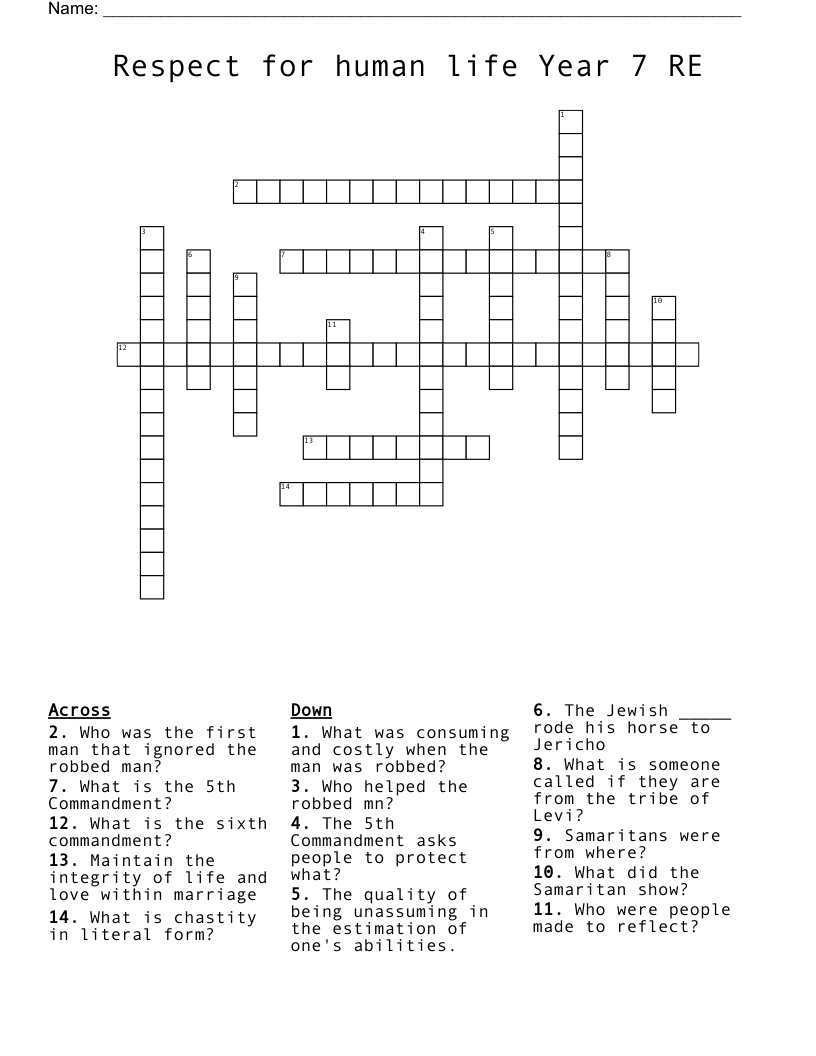  Respect for human life Year 7 RE  Crossword