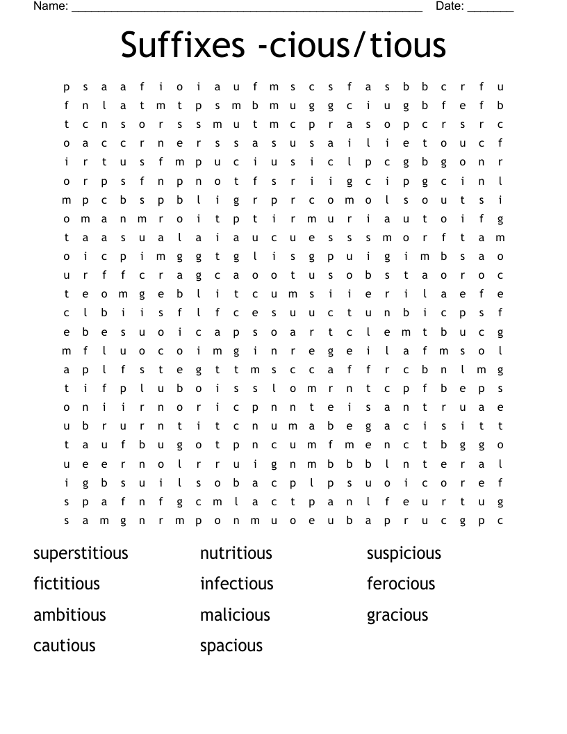   Suffixes -cious/tious Word Search
