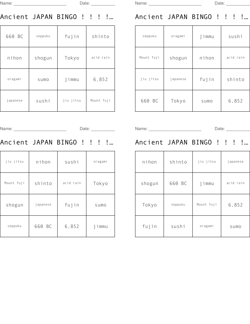    Ancient JAPAN BINGO  ! ! ! ! ! ! ! !