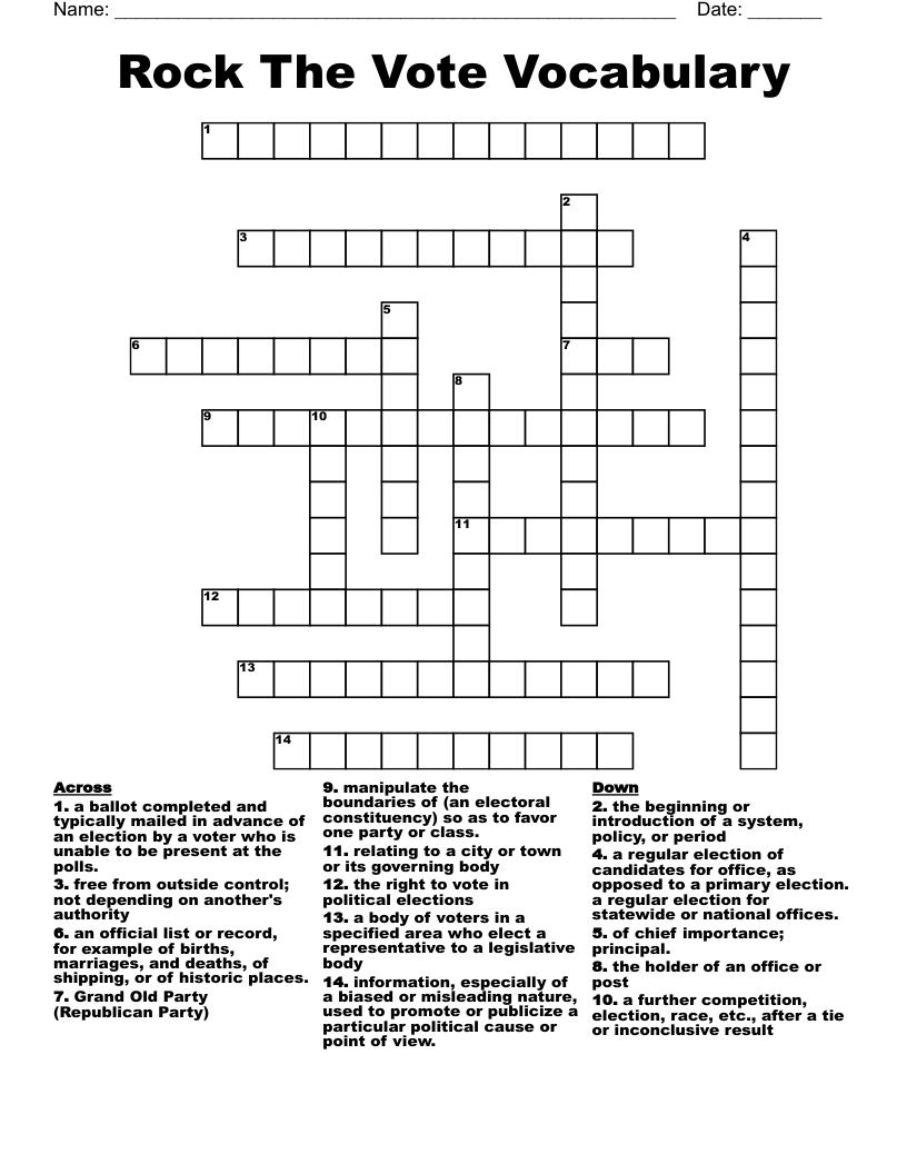    Rock The Vote Vocabulary Crossword