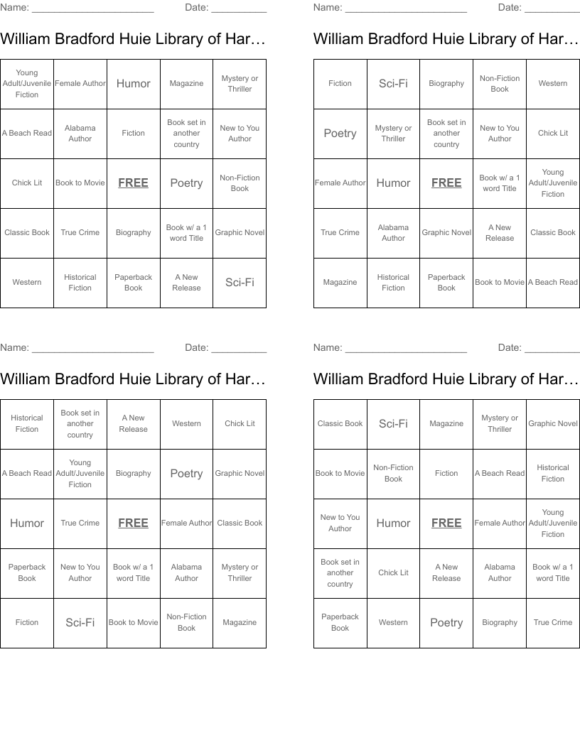    William Bradford Huie Library of Hartselle Summer Reading Bingo