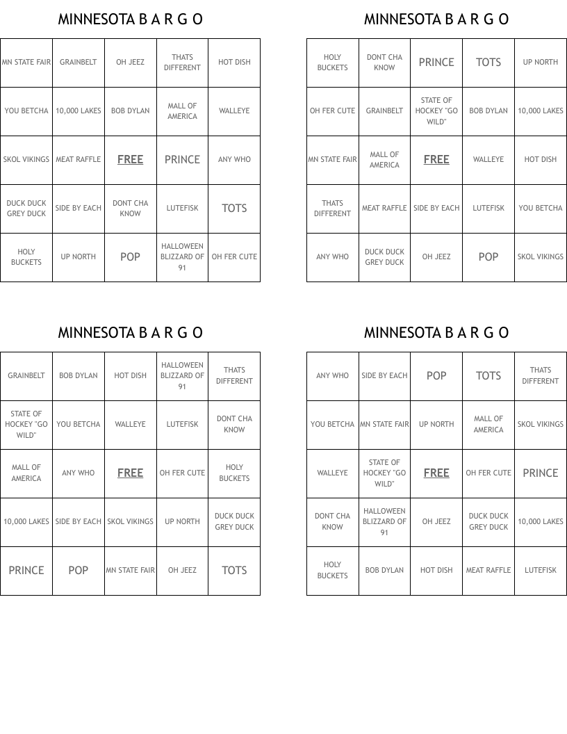       MINNESOTA               B       A       R      G           O Bingo Cards