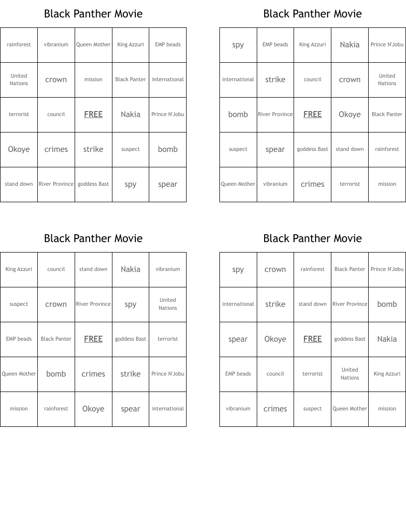           Black Panther Movie Bingo Cards
