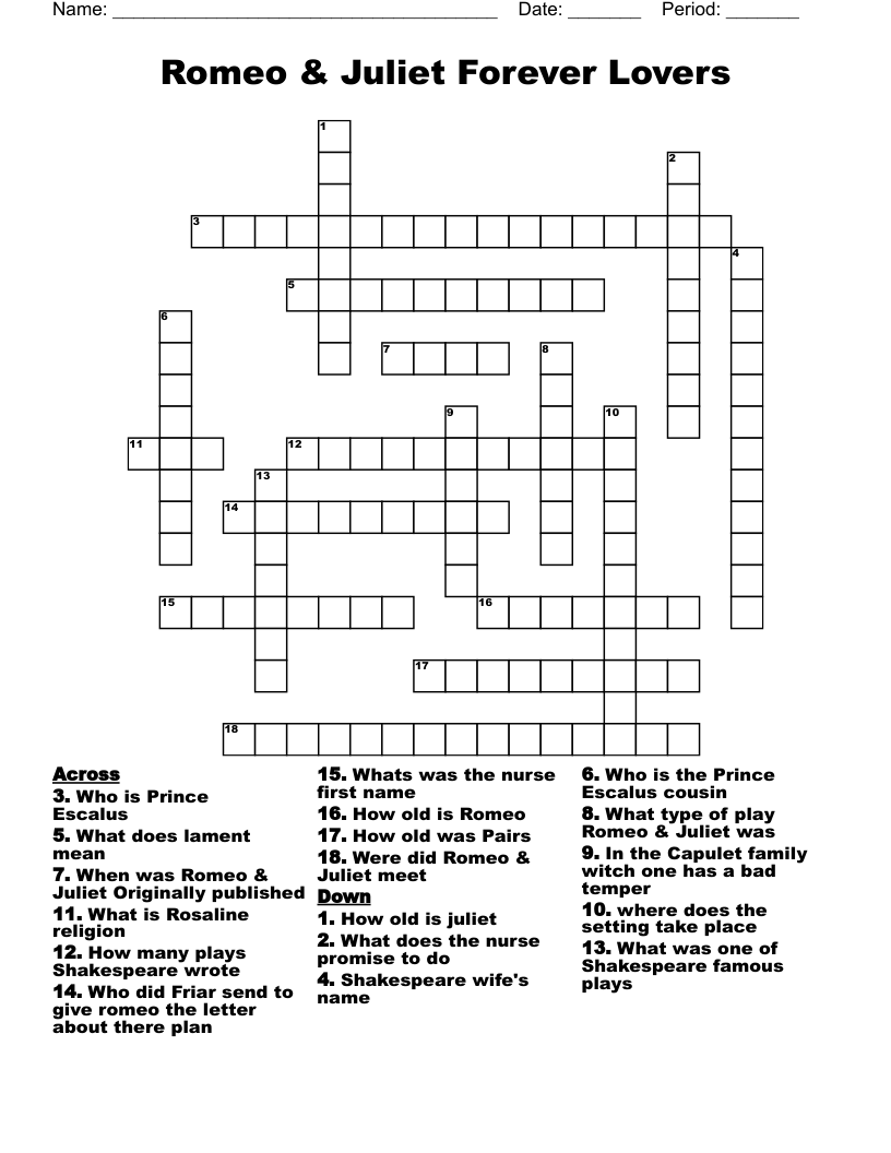           Romeo & Juliet  Forever Lovers  Crossword