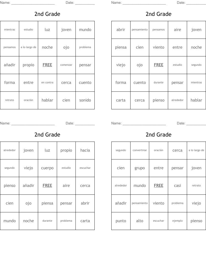            2nd Grade Bingo Cards